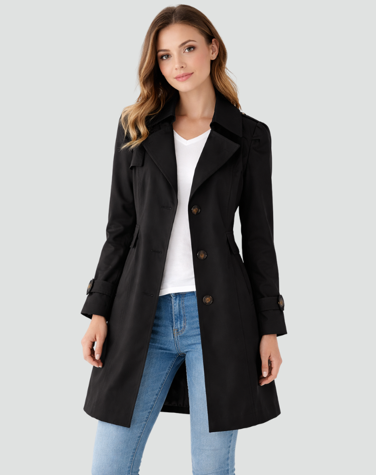 Mulher Trench Coat para Escritório Gola Estruturada com Lapela Corte Médio Pockets Laterais
