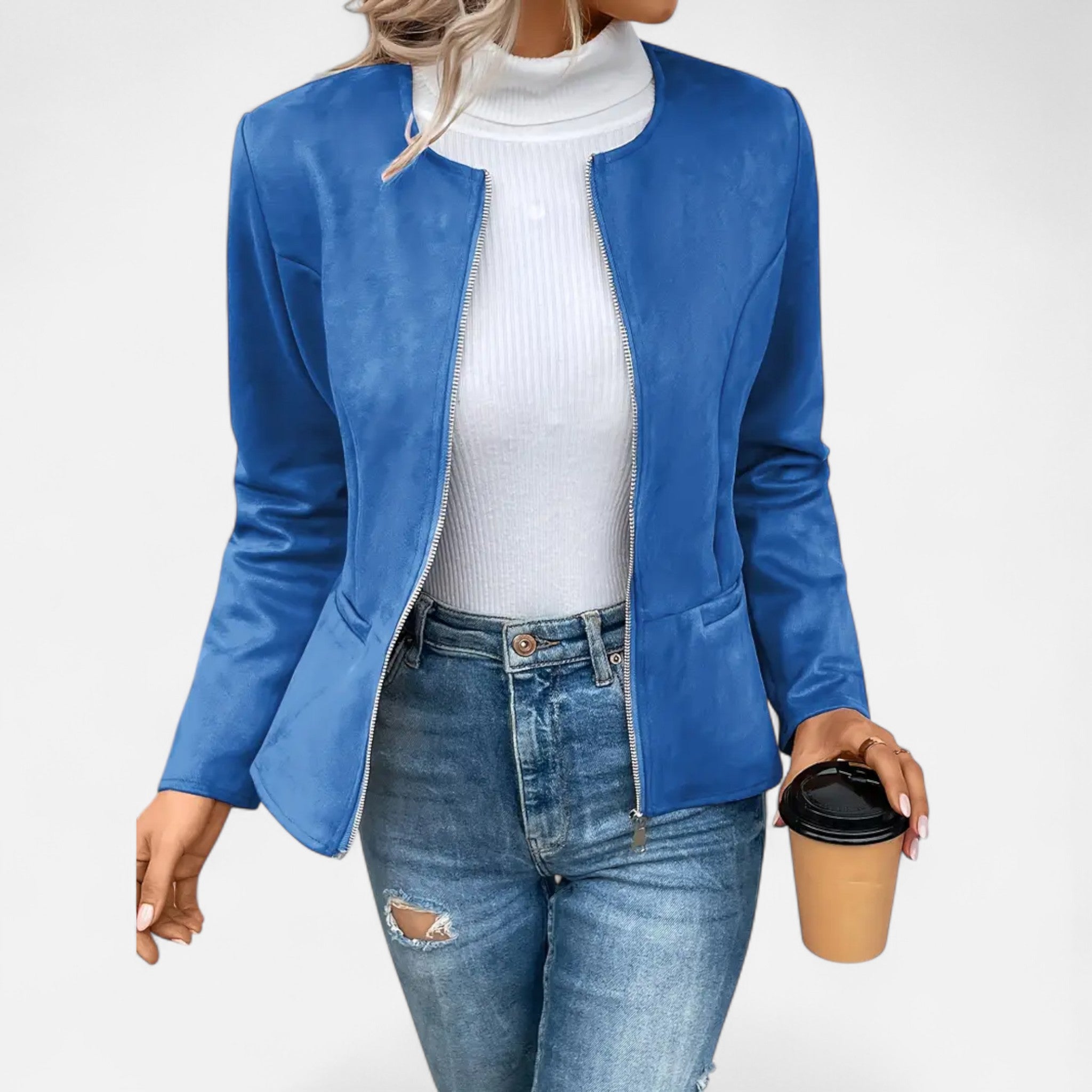 Velclairemode | Women's Short Zip-Up Jacket with Elegant Round Neck