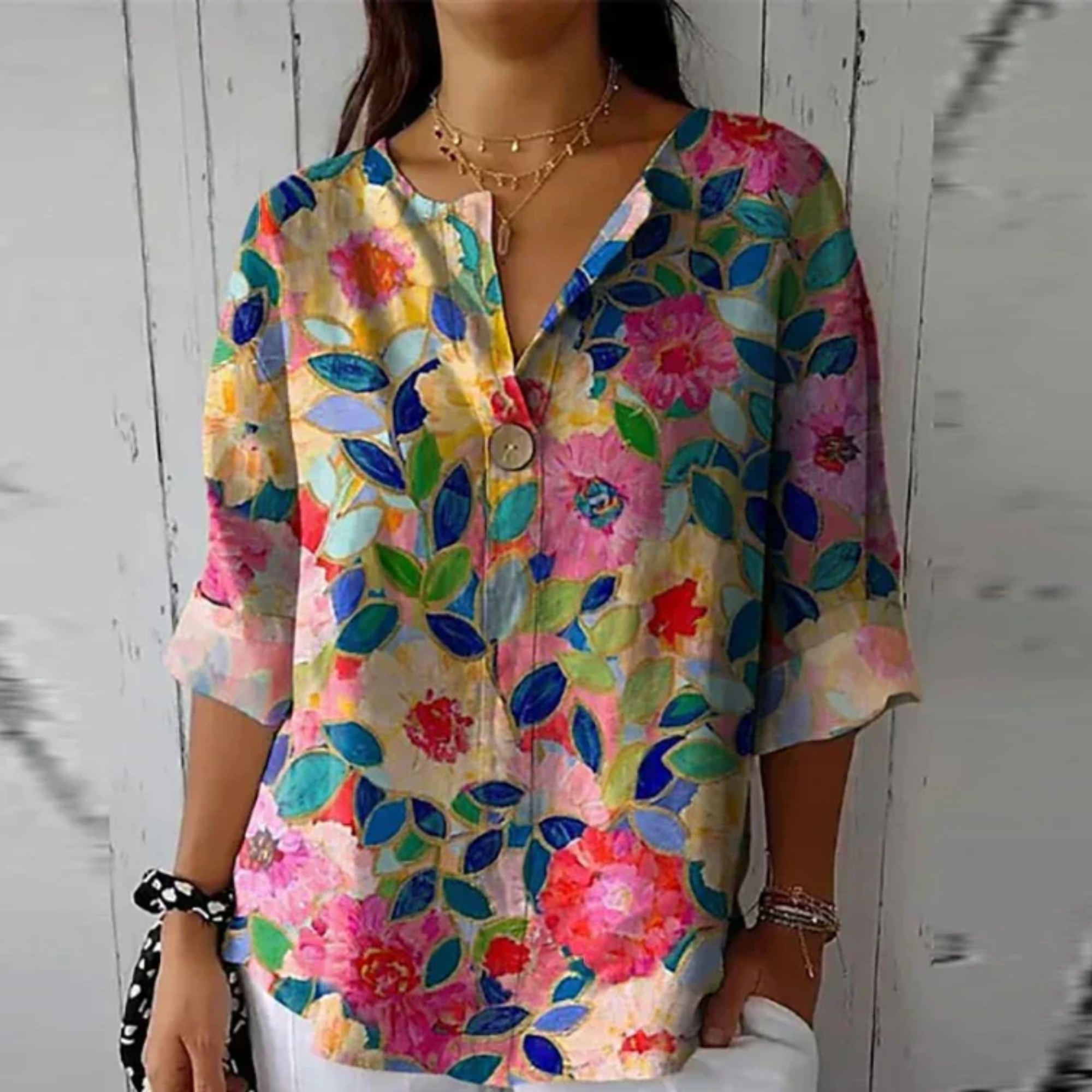 Chemisier fleuri femme — manches 3/4 et boutonnage — décontracté