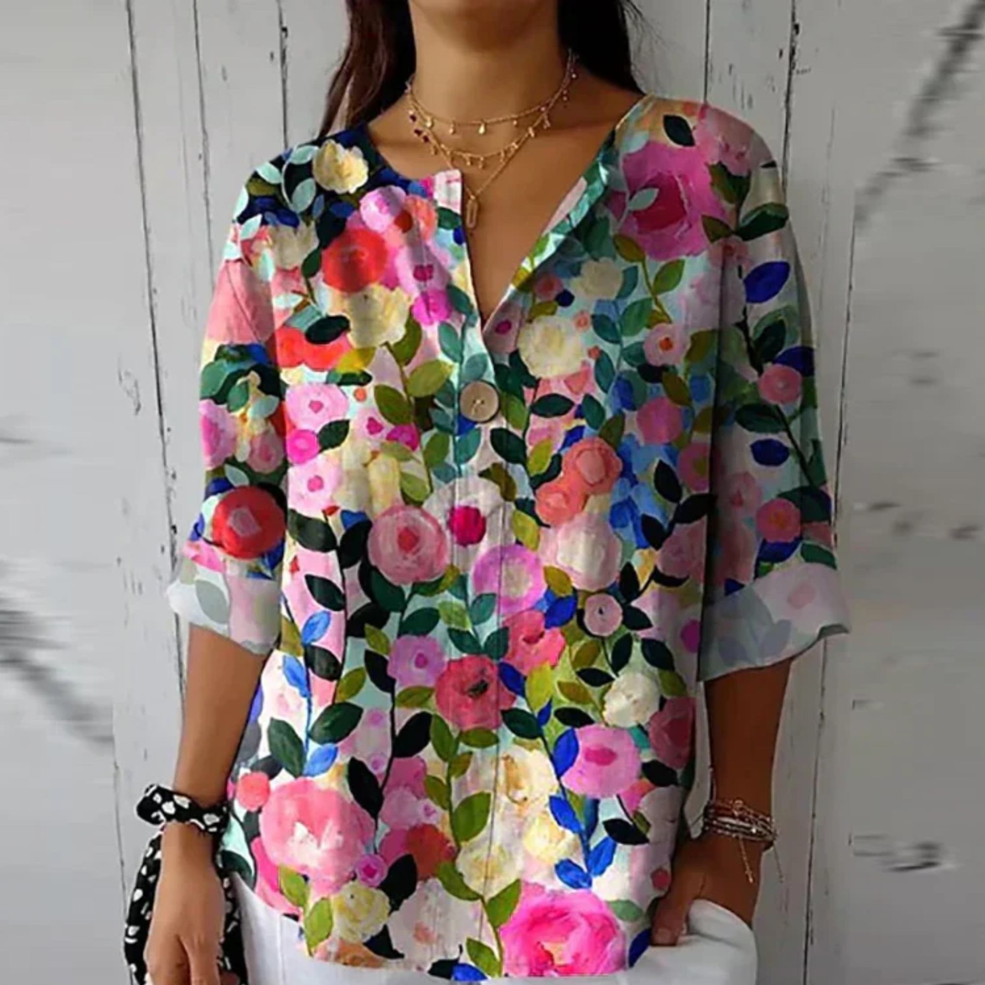 Chemisier fleuri femme — manches 3/4 et boutonnage — décontracté