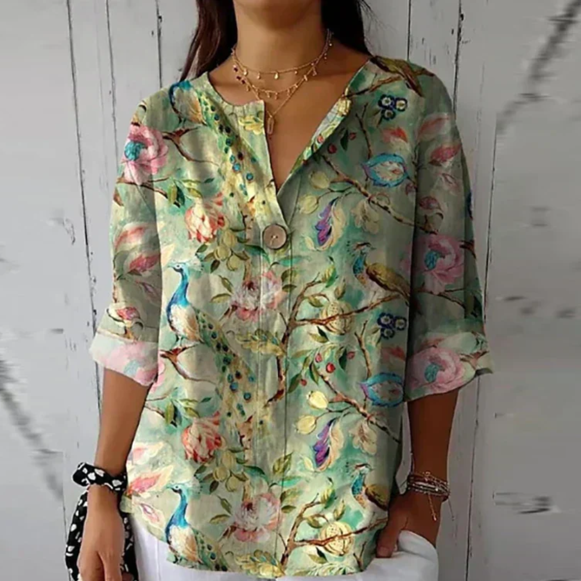 Chemisier fleuri femme — manches 3/4 et boutonnage — décontracté