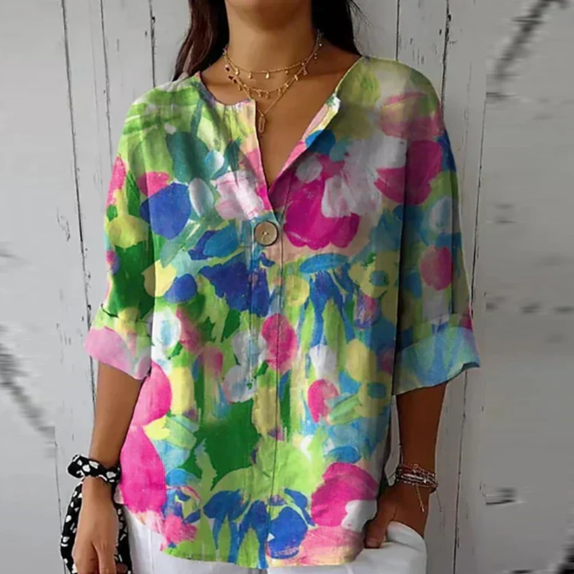 Chemisier fleuri femme — manches 3/4 et boutonnage — décontracté