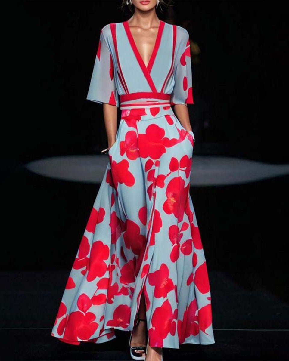 Robe Longue Évasée à Imprimé Floral avec Col en V et Manches Demi-Longues