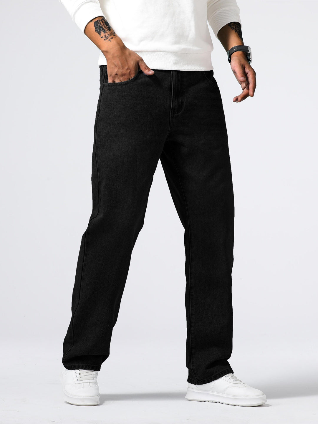 Jeans masculino de corte reto, para o dia a dia, com efeito desbotado e estilo casual atemporal