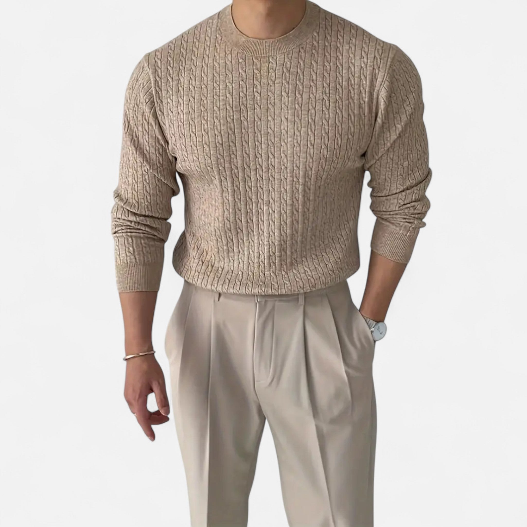 Velclairemode | Men's Cable Knit Crew Neck Sweater