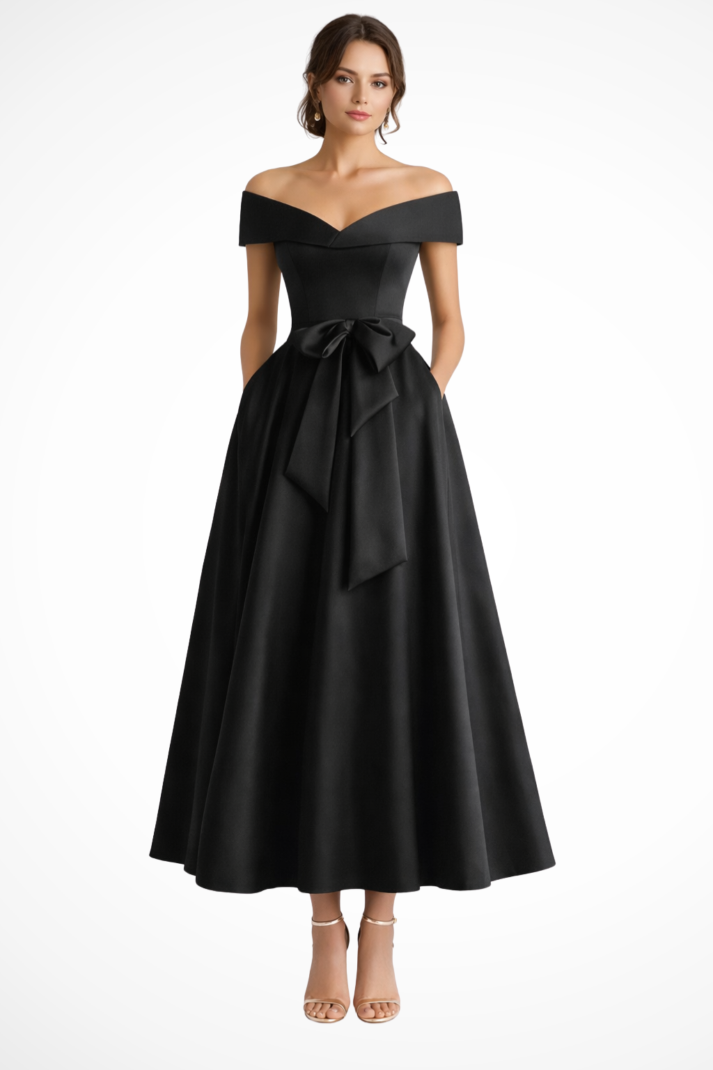 Vestido Midi para Convidada de Casamento Estilo Patinadora com Ombros à Mostra e Laço