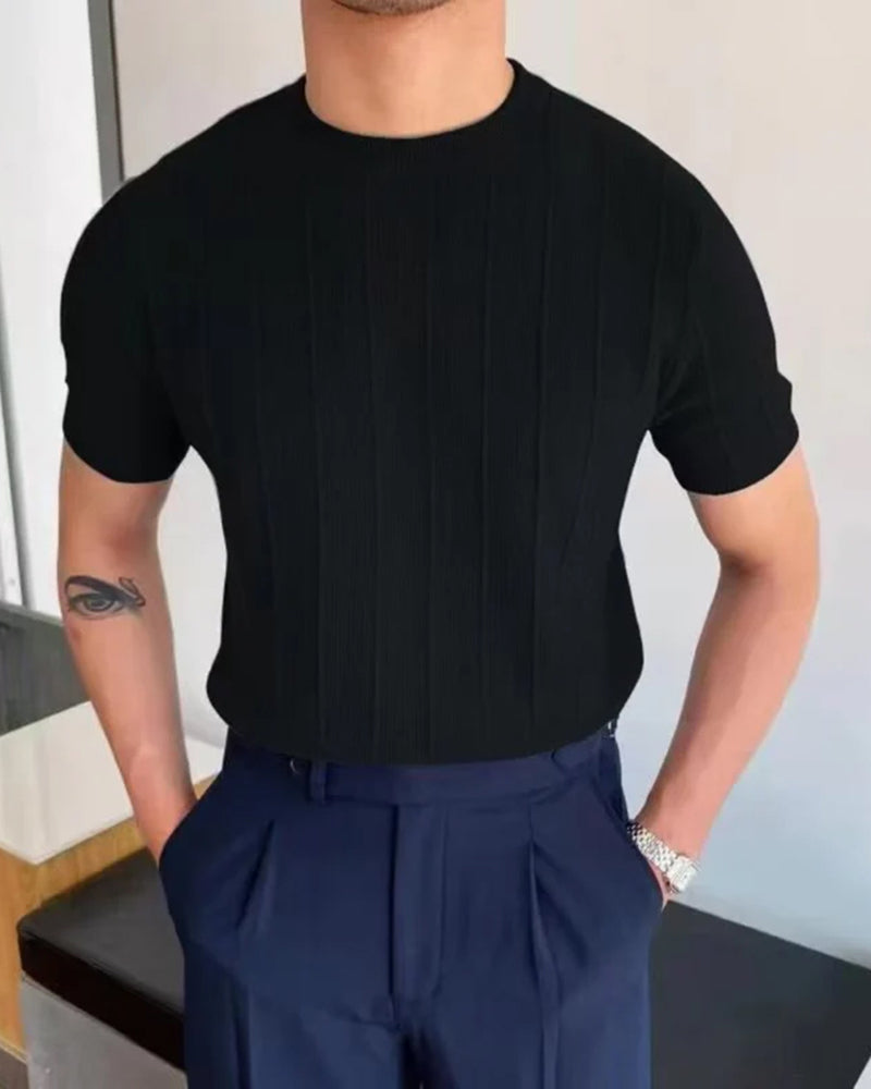 Tricou din tricot cu guler rotund și mâneci scurte, din lână fină pentru bărbați