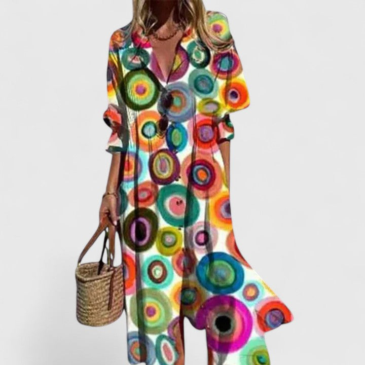 Robe Longue Imprimée à Col en V et Boutonnage Simple Style Bohème pour Femme