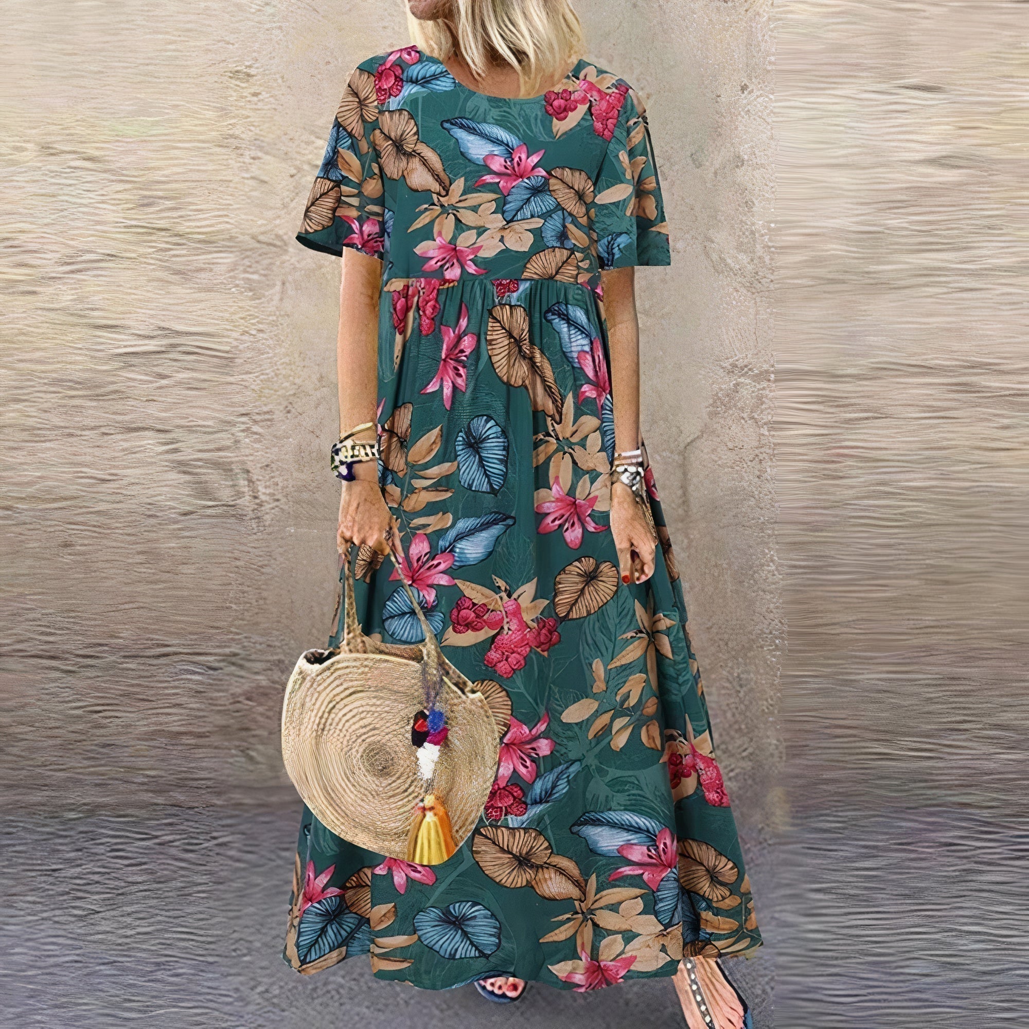 Robe Maxi à Imprimé Floral et Col Rond pour Femme au Style Bohème