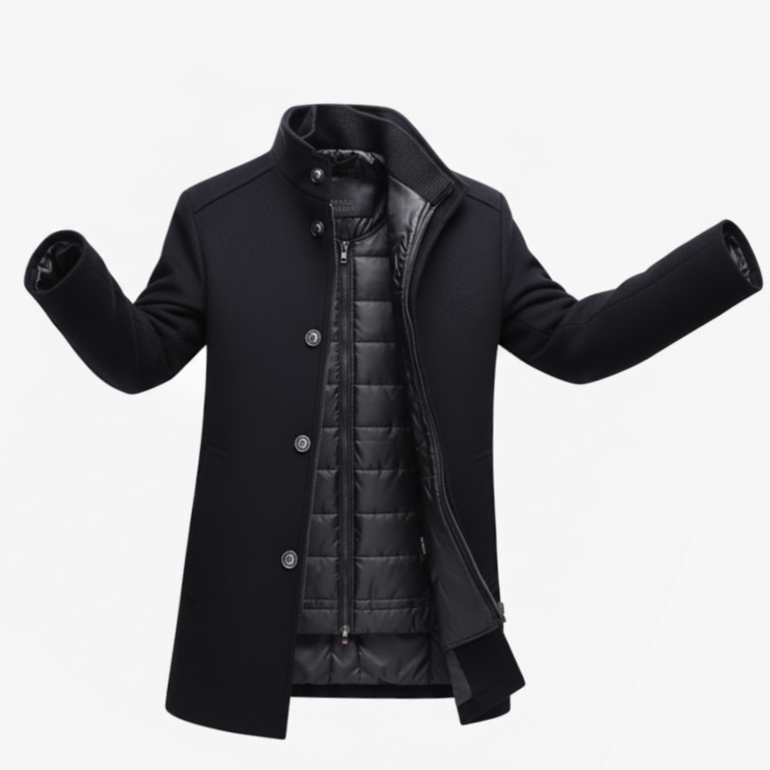 Manteau Long en Laine pour Homme Col Montant Simple Boutonnage avec Gilet