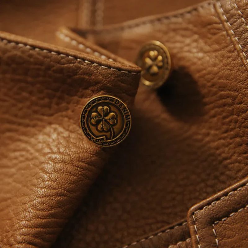 Genuine Leather Jacket for Women Slim Fit with Lapel Collar and Buttons