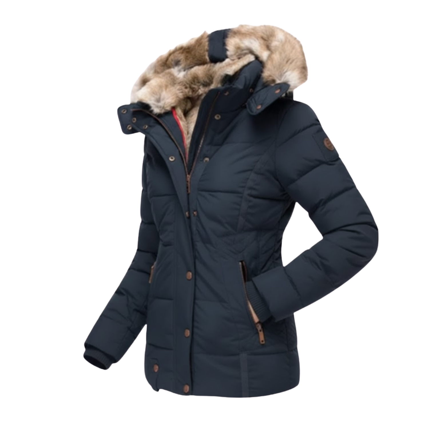 Veste en Coton Chaude Femme Coupe Slim Capuche Col en Fourrure Hiver