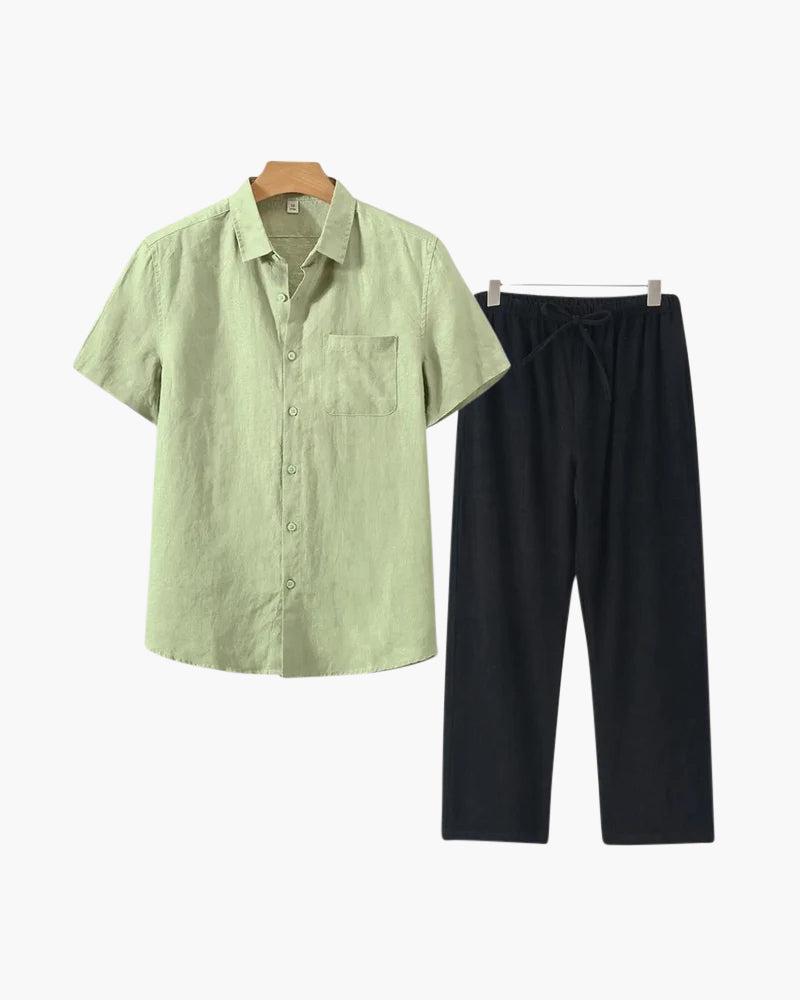 Set de relaxare din in pur pentru bărbați, cu cămașă cu mâneci lungi și pantaloni