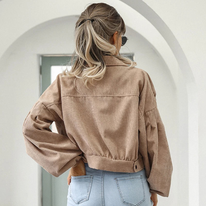 Short Corduroy Jacket with Buttons and Puff Sleeves for Women