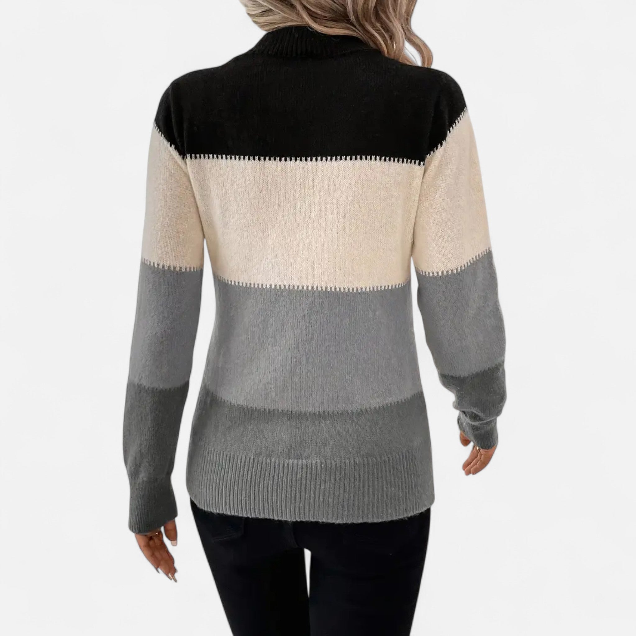 Velclairemode | Women's Color Block Stand-Up Collar Sweater for Fall-Winter