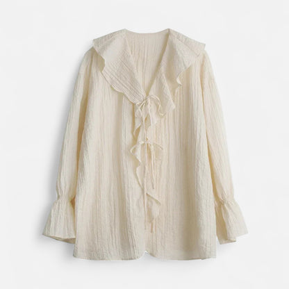 Velclairemode | Blouse Décontractée Femme à Volants Raffinés – Col V Lacé, Élégance Spontanée