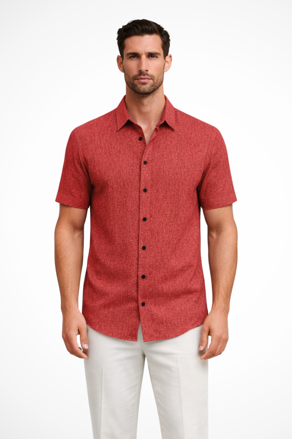 Camisa Casual de Manga Curta para Homem com Textura Sutil e Gola Pontuda
