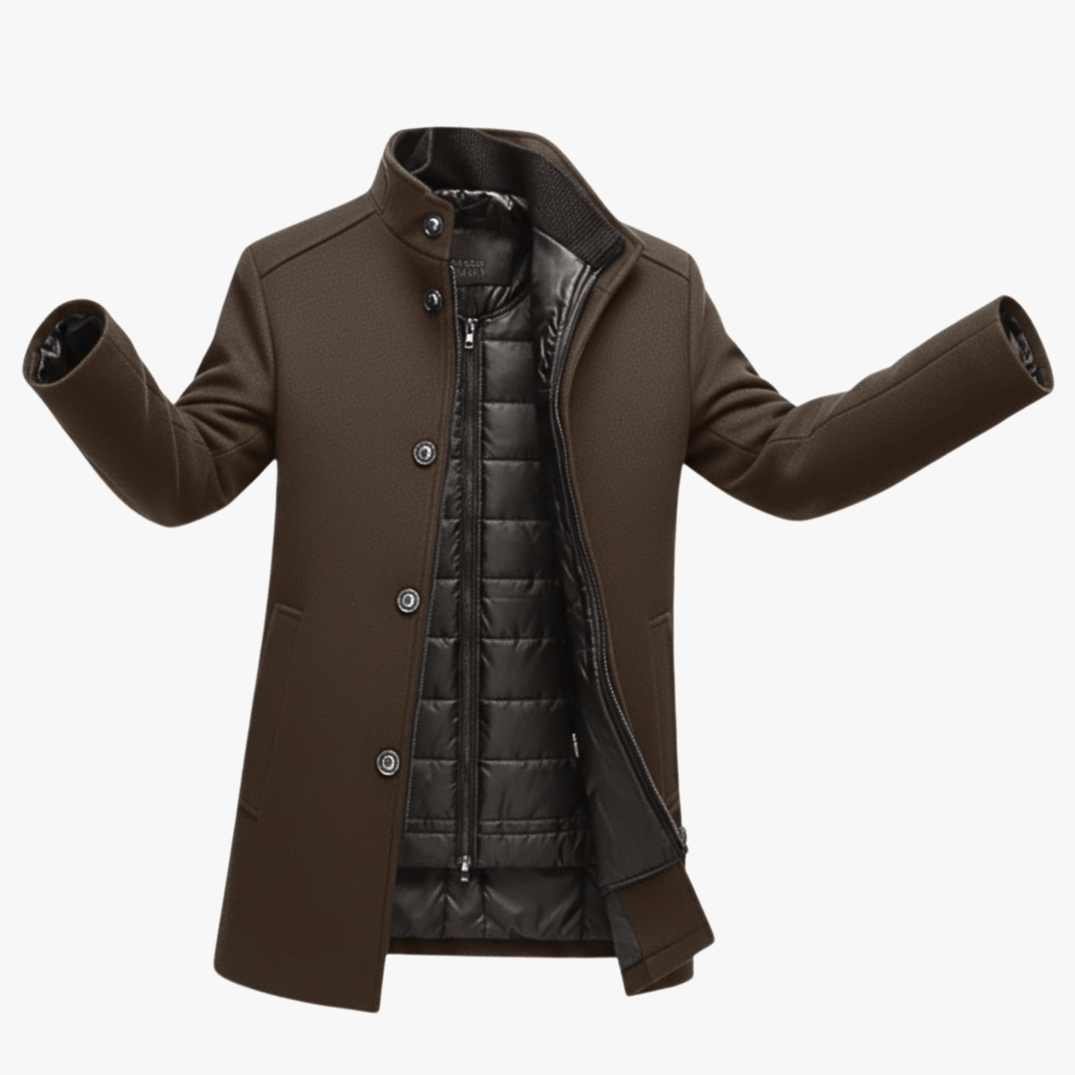 Manteau Long en Laine pour Homme Col Montant Simple Boutonnage avec Gilet