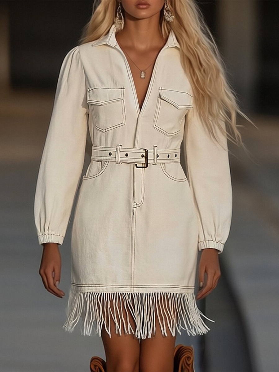 Robe Courte en Denim avec Manches Bouffantes et Ourlet à Franges pour Femme