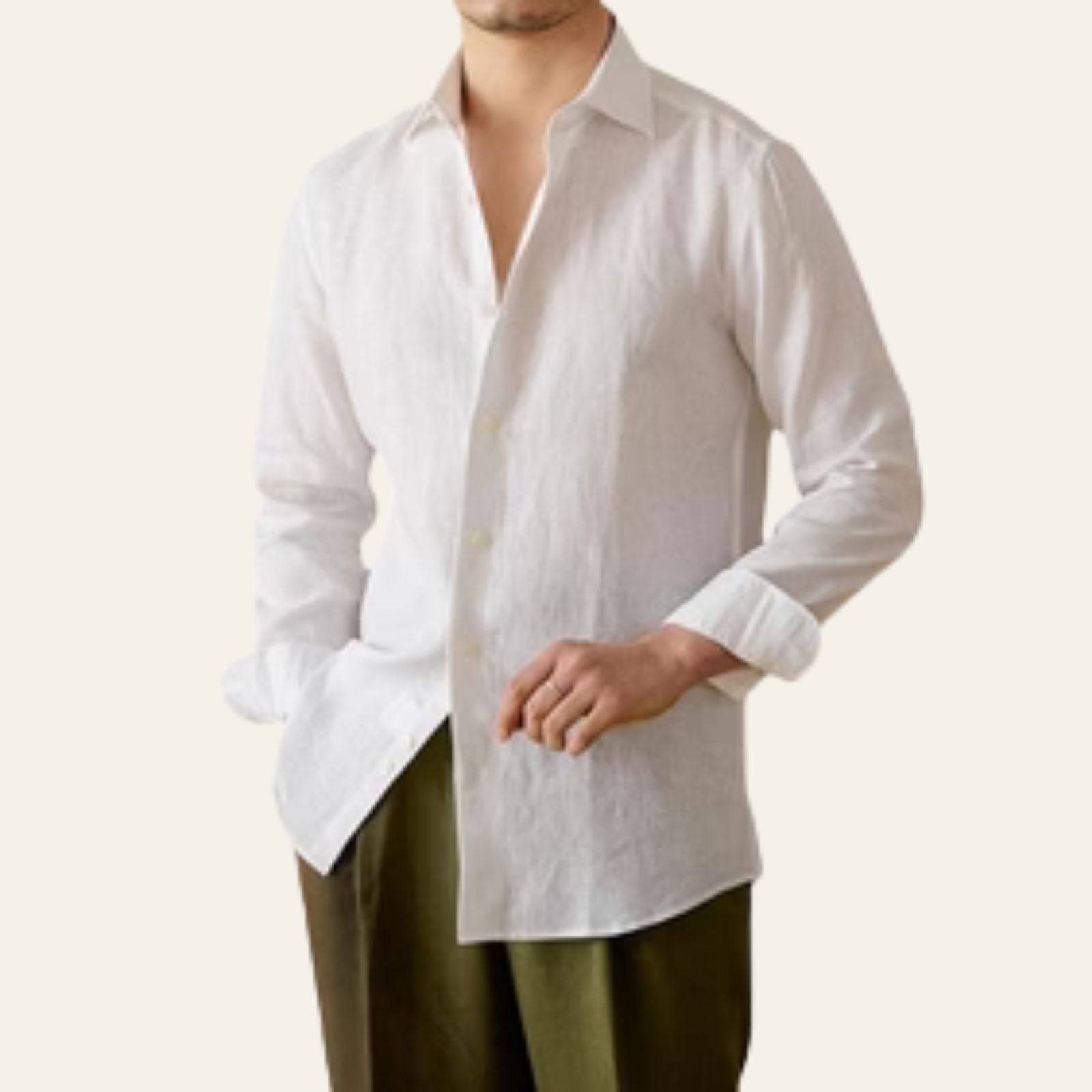 Chemise en Coton et Lin à Manches Longues pour Homme avec Col Rabattu et Boutons