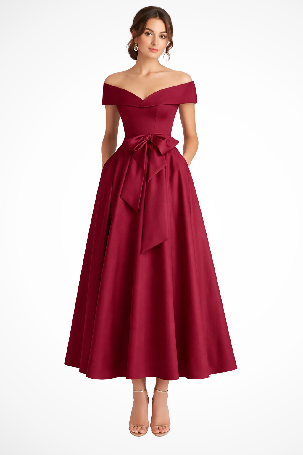 Robe Invitée de Mariage Midi de Style Patineuse à Épaules Nues et Nœud