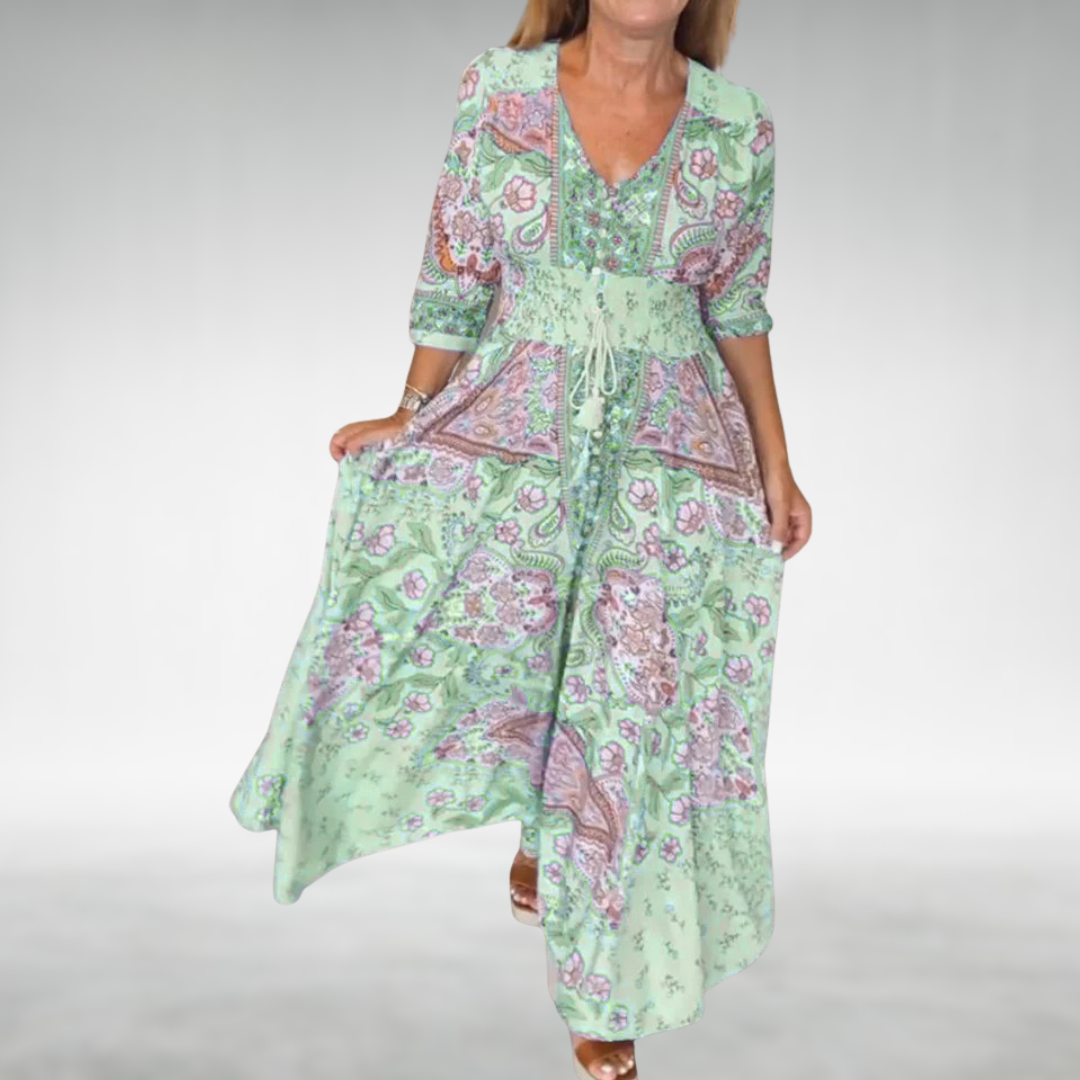 Bohemian-Style Long Dress with Floral Print and Elastic Waist