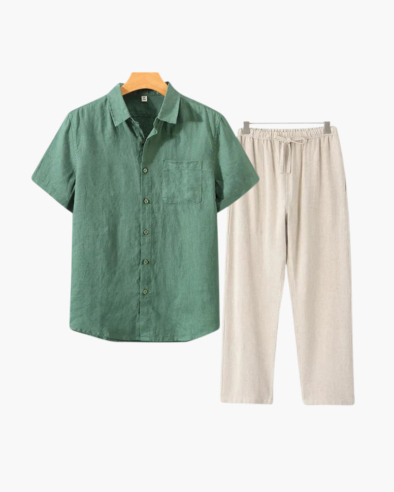 Set de relaxare din in pur pentru bărbați, cu cămașă cu mâneci lungi și pantaloni