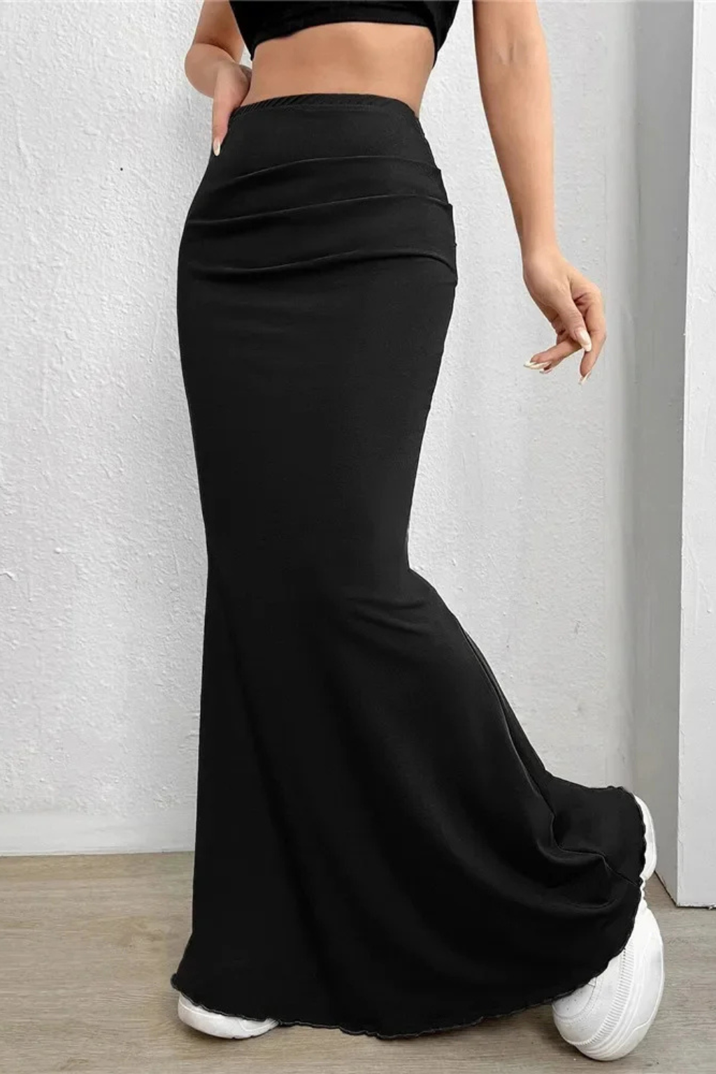 Jupe Crayon Longue Style Sirène à Taille Haute et Détails Plissés Latéraux