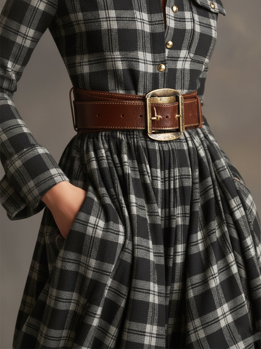 Robe Longue Chemise à Imprimé Écossais avec Manches Longues et Col Rabattu