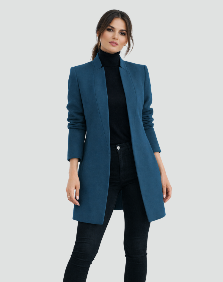 Abrigo largo de mujer para oficina, cálido, elegante, clásico, con cuello redondo, forrado y con bolsillos.