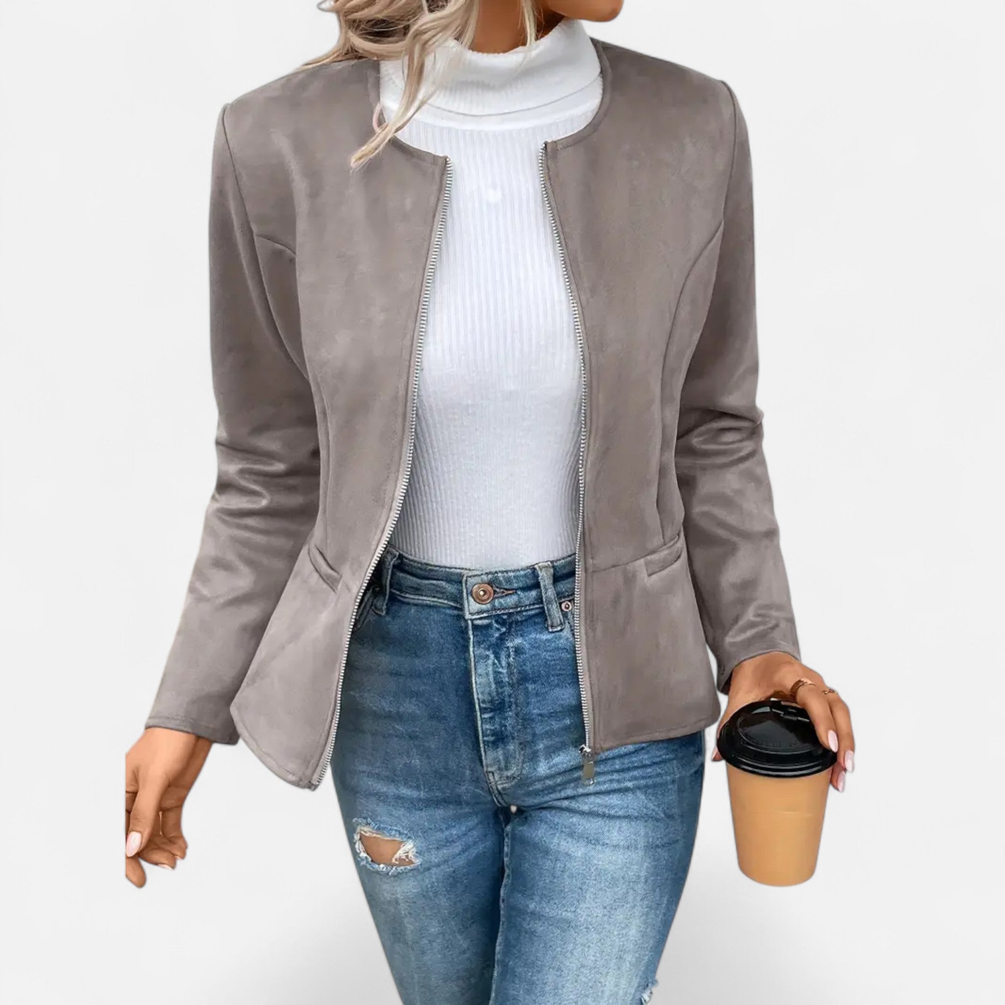 Velclairemode | Women's Short Zip-Up Jacket with Elegant Round Neck