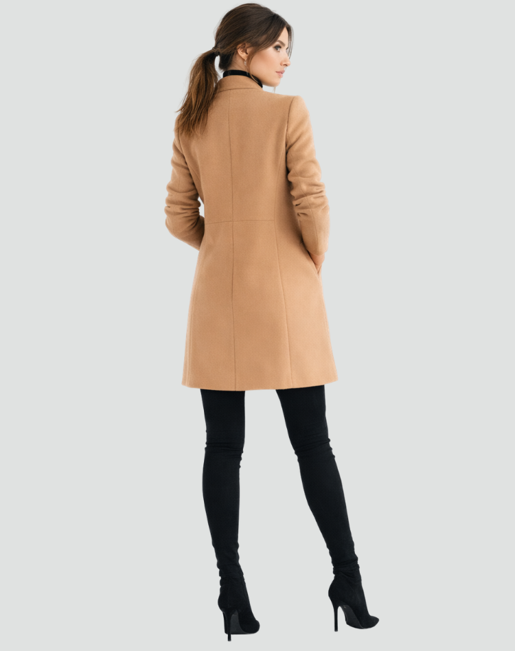 Abrigo largo de mujer para oficina, cálido, elegante, clásico, con cuello redondo, forrado y con bolsillos.