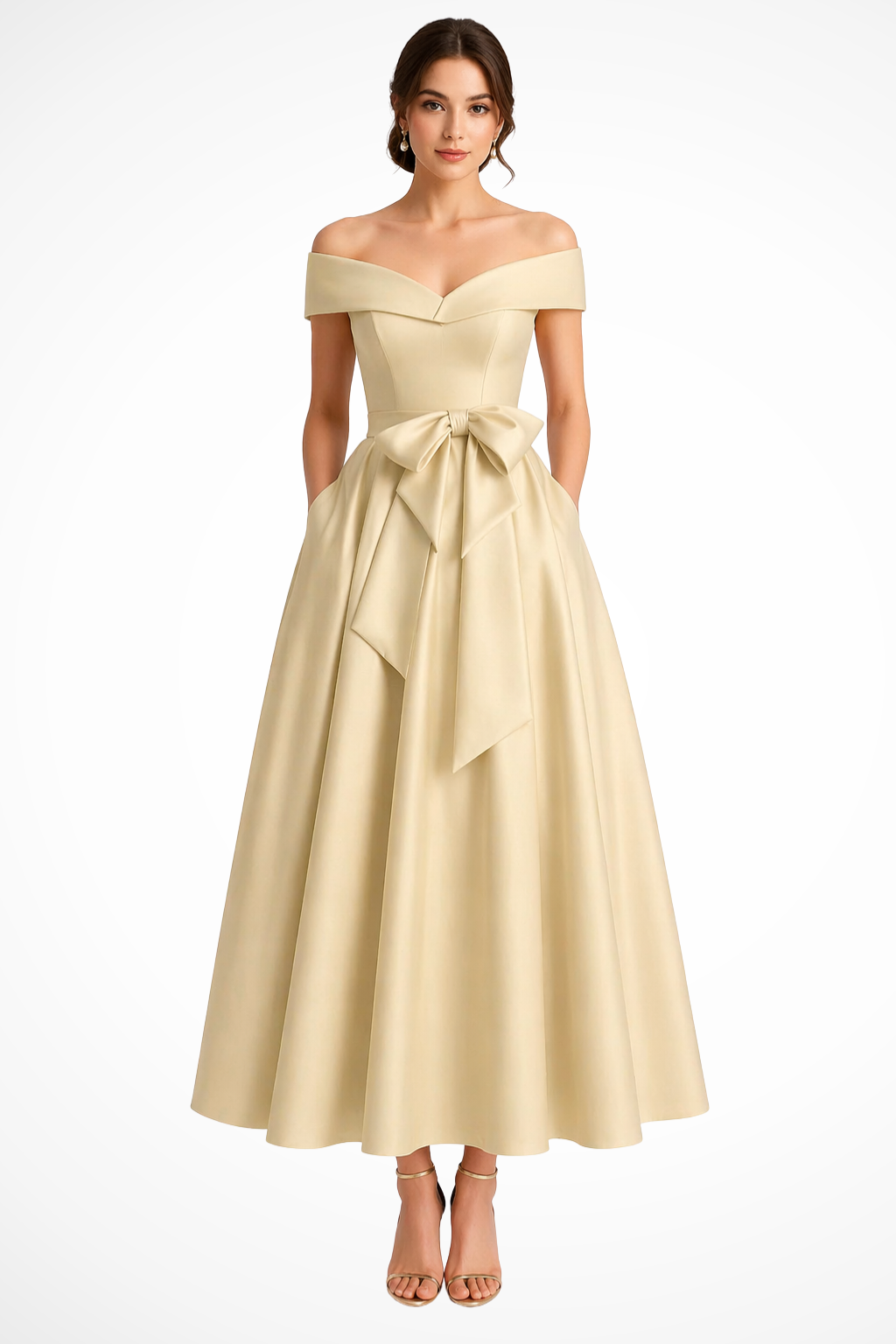 Vestido Midi para Convidada de Casamento Estilo Patinadora com Ombros à Mostra e Laço
