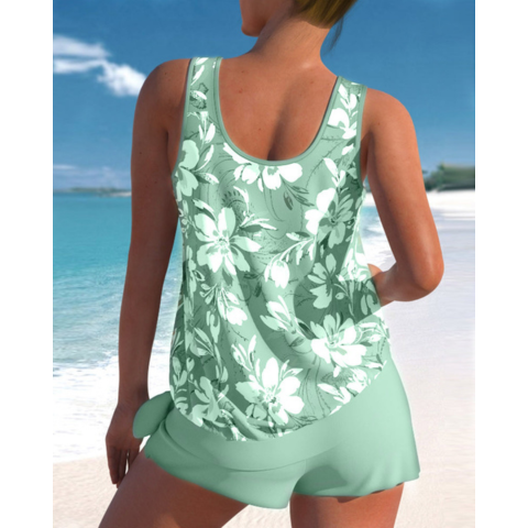Maillot de Bain Tankini à Larges Bretelles avec Top Long et Short