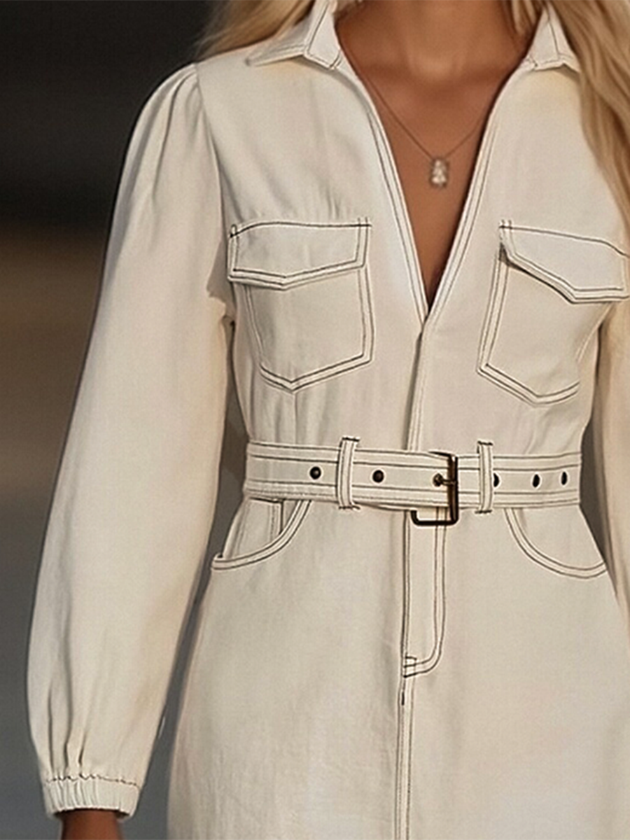 Robe Courte en Denim avec Manches Bouffantes et Ourlet à Franges pour Femme