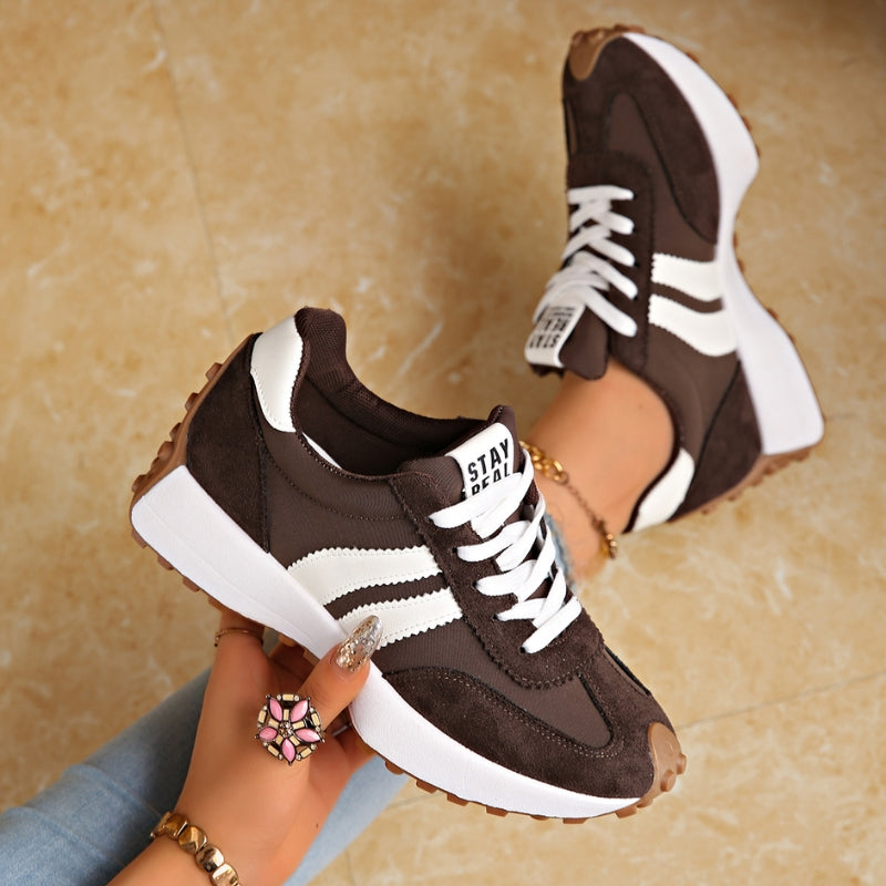 Baskets à Semelle Épaisse en Cuir Patchwork et PU avec Fermeture à Lacets pour Femme