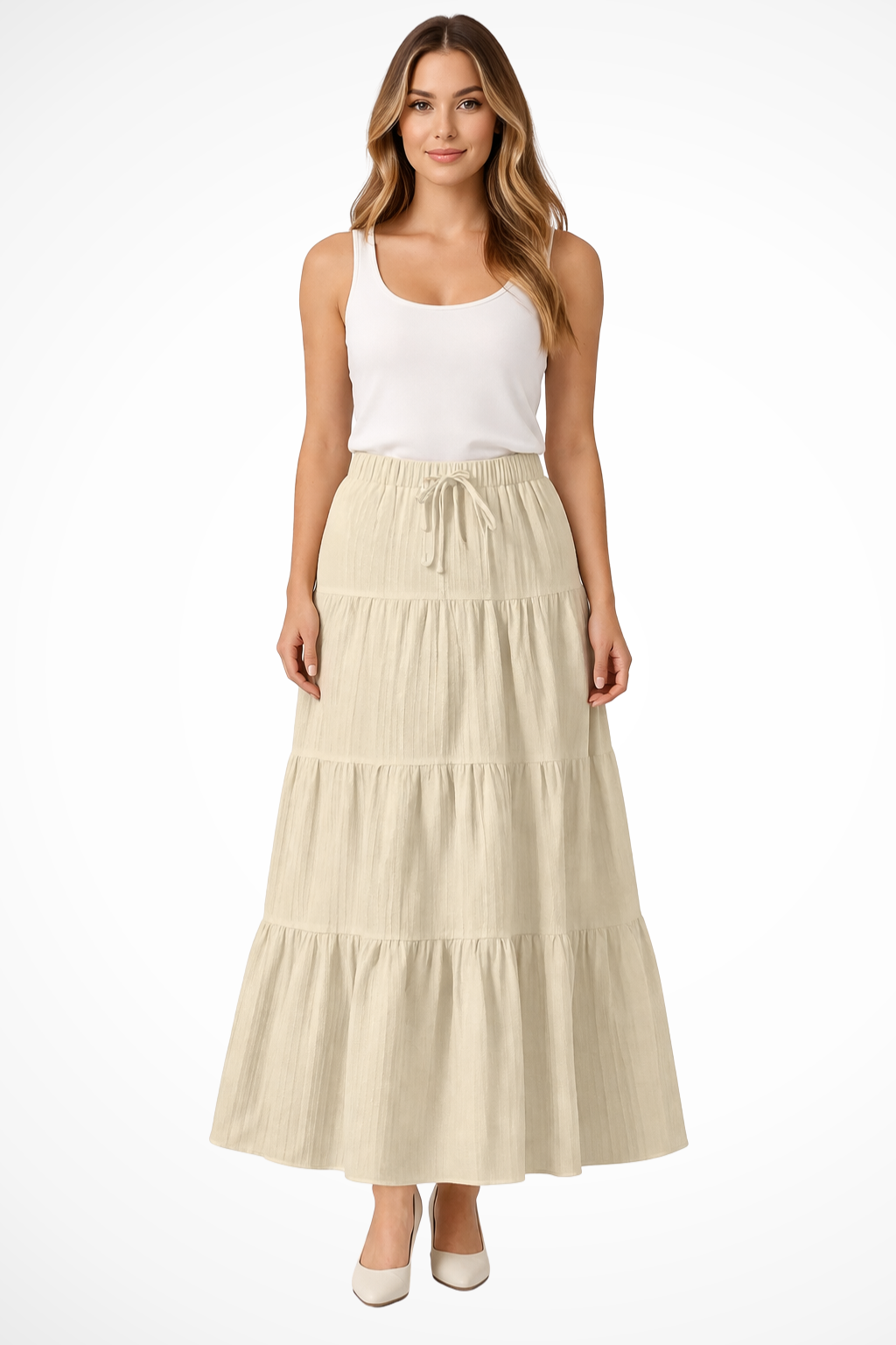 Falda de estilo bohemio con cintura alta ajustable y paneles superpuestos