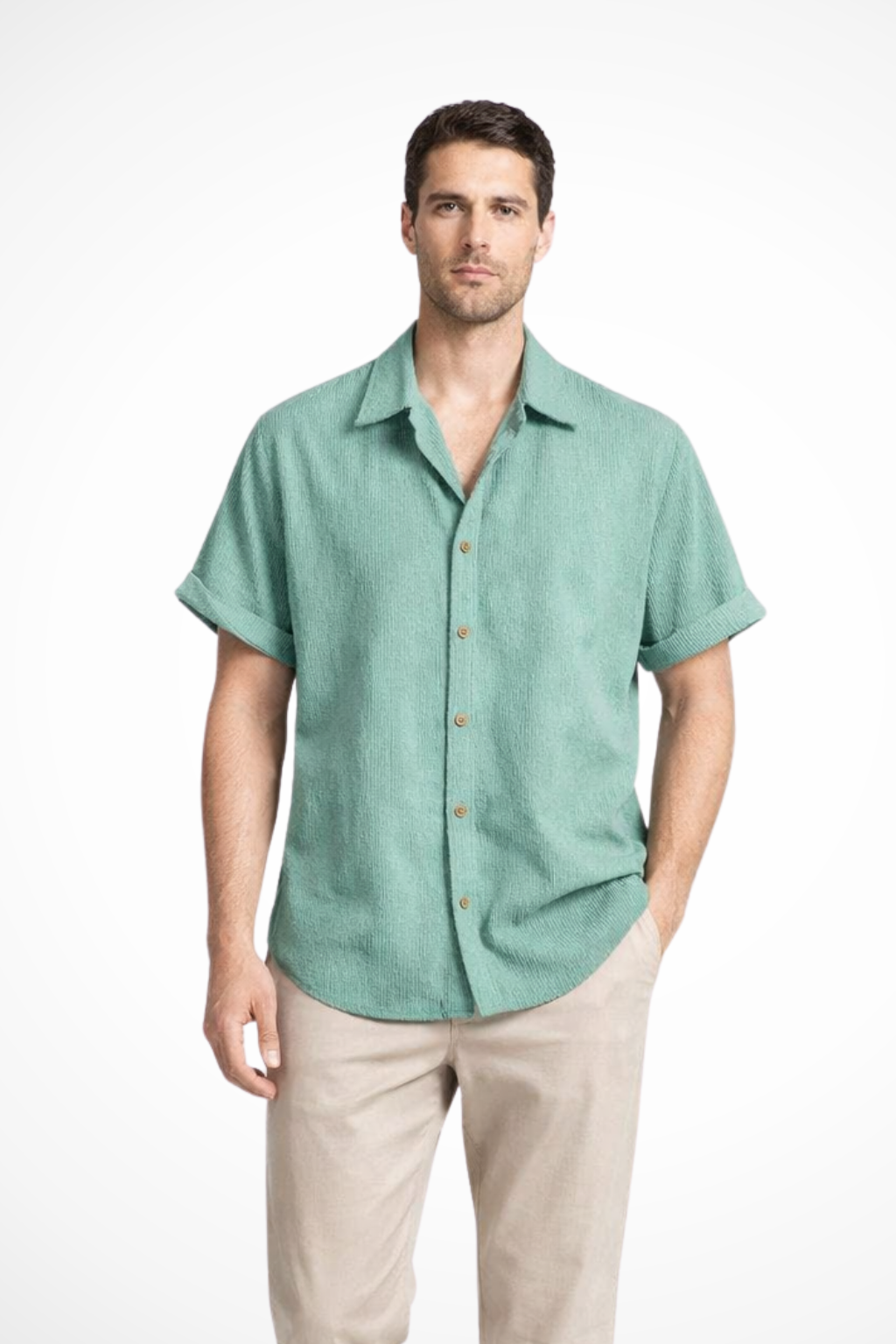 Camicia Casual a Maniche Corte e Collo Cubano da Uomo con Tessuto Testurizzato
