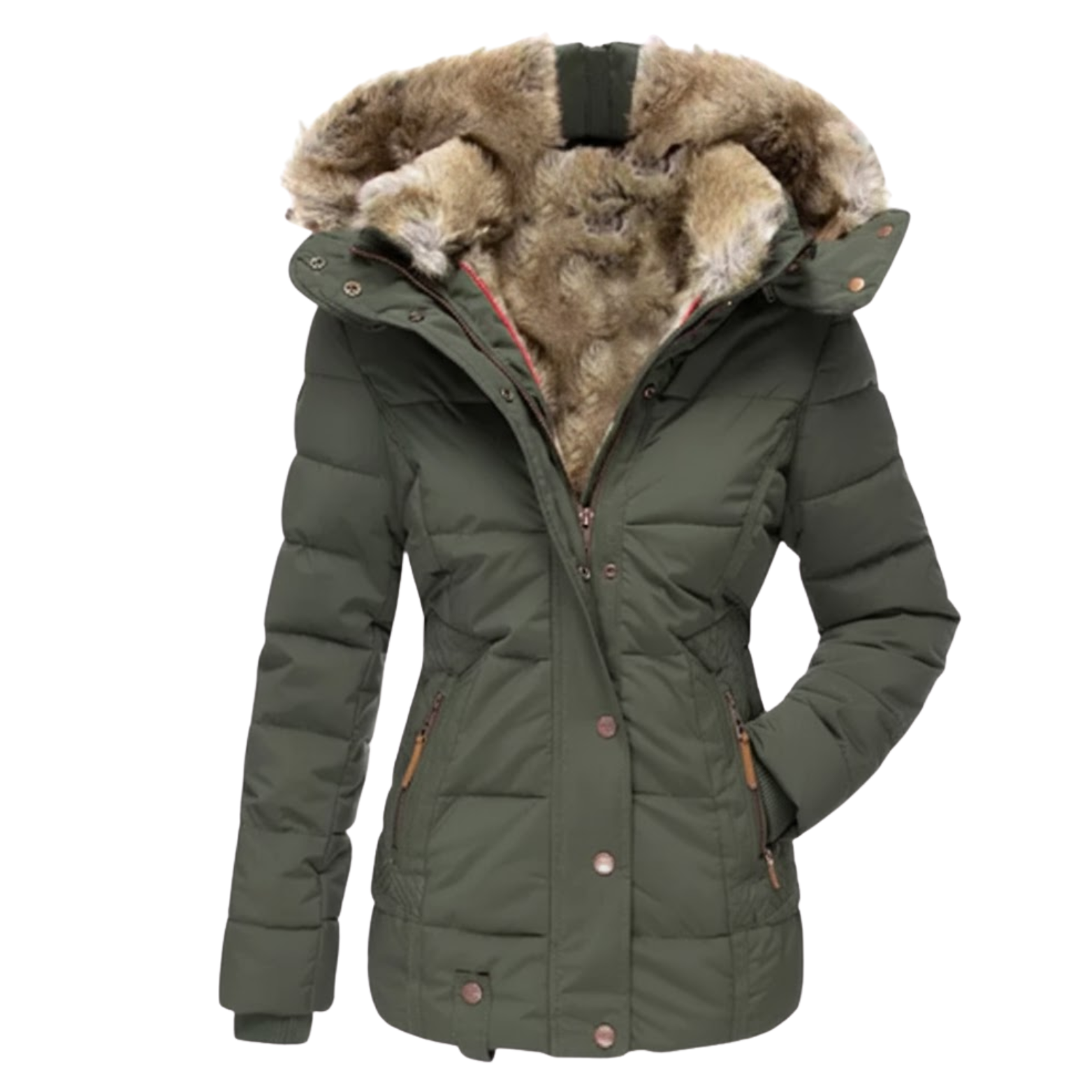 Veste en Coton Chaude Femme Coupe Slim Capuche Col en Fourrure Hiver