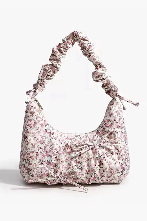 Sac à Main en Toile à Imprimé Floral avec Bandoulière Plissée et Détail Nœud