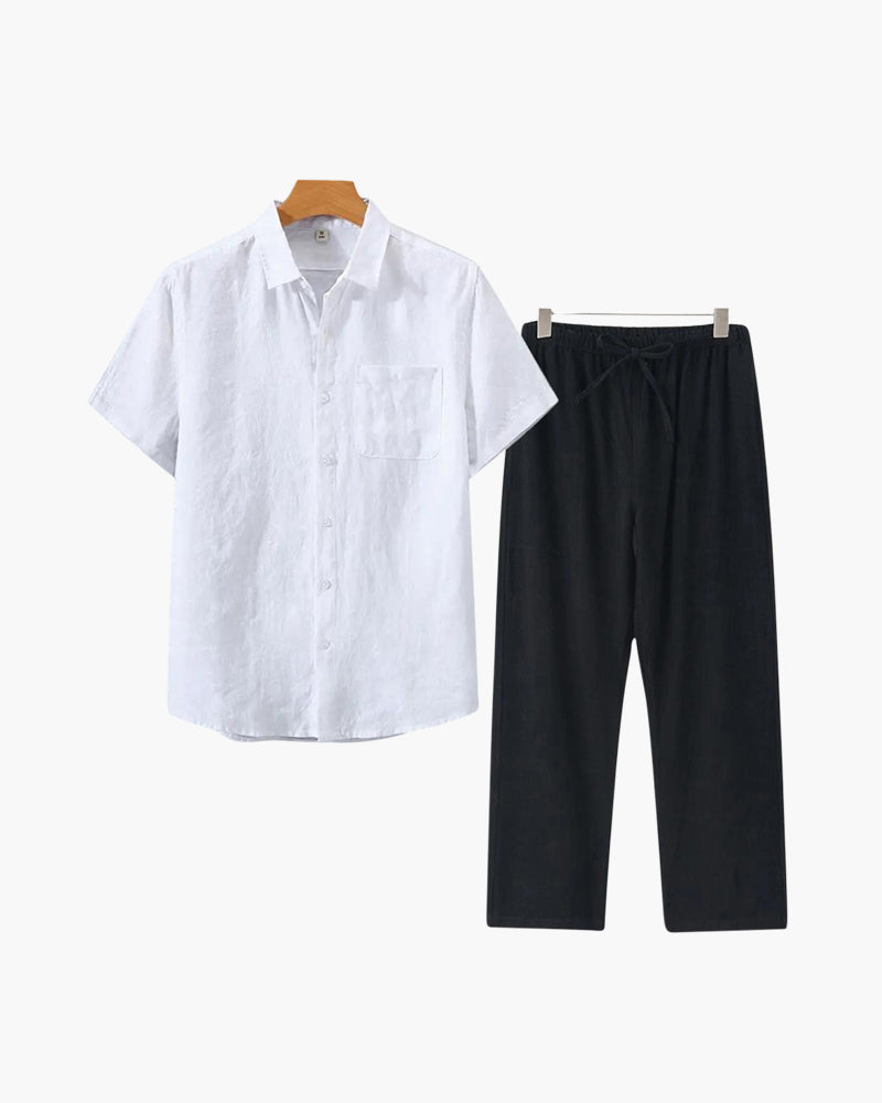 Set de relaxare din in pur pentru bărbați, cu cămașă cu mâneci lungi și pantaloni
