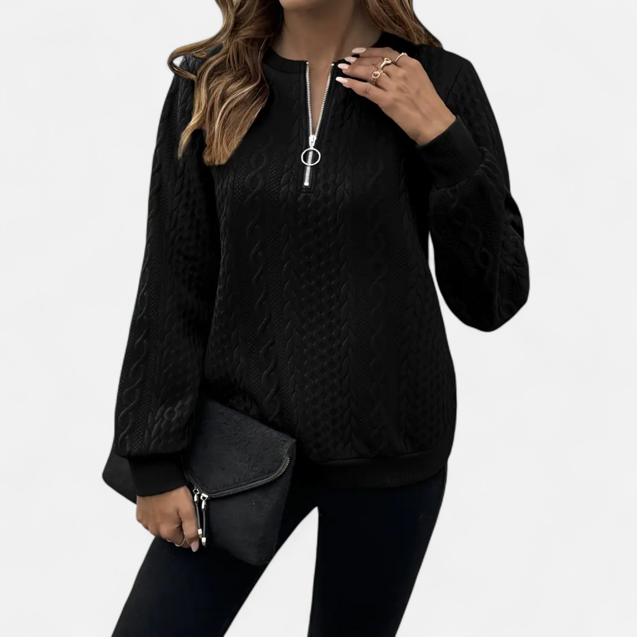 Velclairemode | Women's Textured Half-Zip Sweatshirt for Fall-Spring
