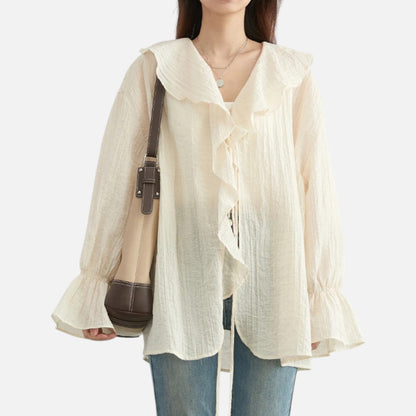 Velclairemode | Blouse Décontractée Femme à Volants Raffinés – Col V Lacé, Élégance Spontanée