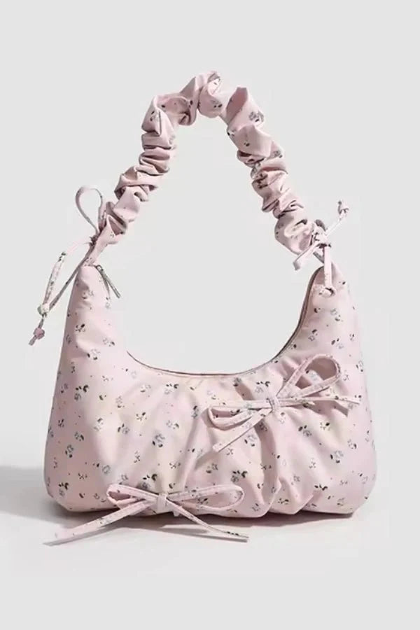 Sac à Main en Toile à Imprimé Floral avec Bandoulière Plissée et Détail Nœud