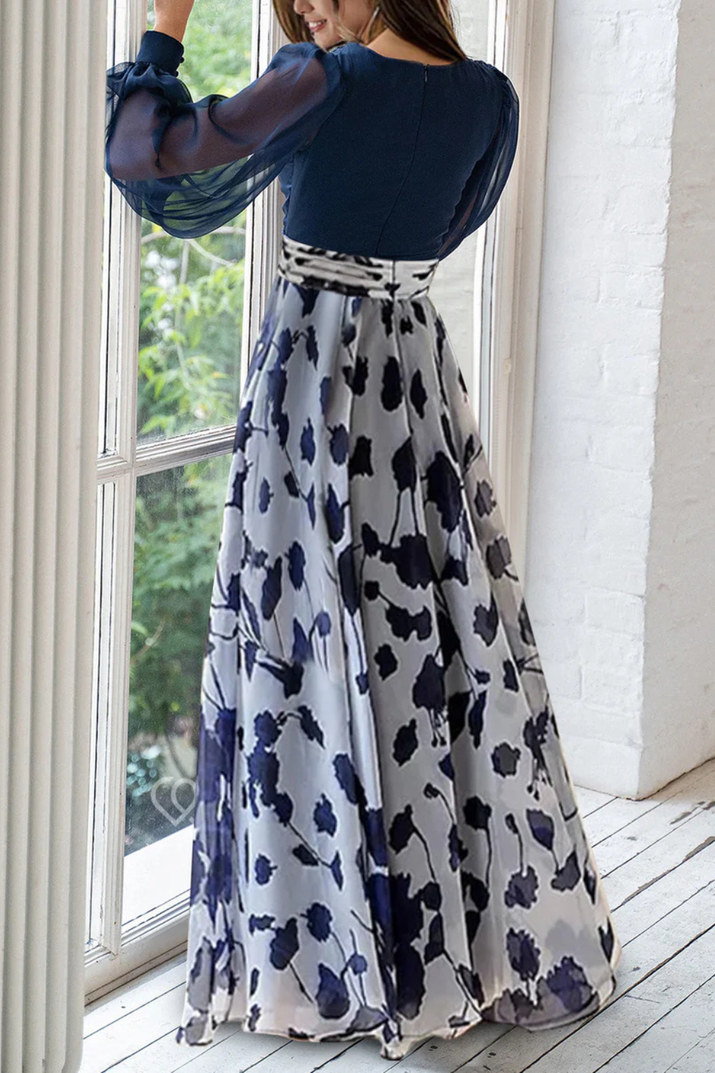 Ceremony Dress Wedding Guest Dress Long with Botanical Print and Puff Sleeves