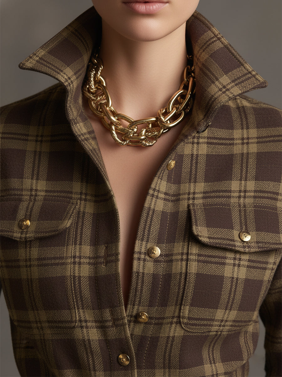 Robe Longue Chemise à Imprimé Écossais avec Manches Longues et Col Rabattu