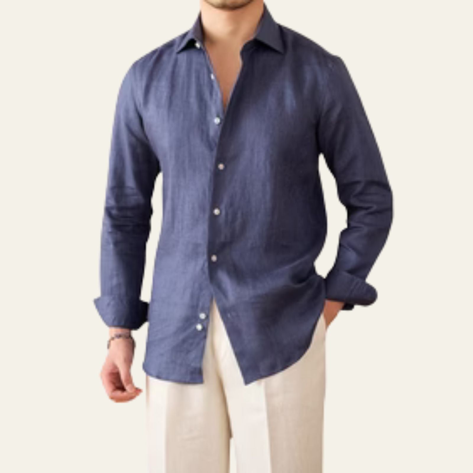 Chemise en Coton et Lin à Manches Longues pour Homme avec Col Rabattu et Boutons