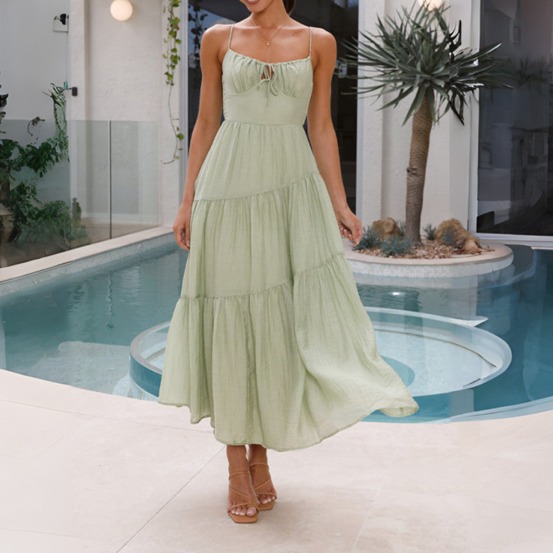 Robe Longue à Bretelles Fines avec Corsage Ajusté et Jupe Évasée à Volants