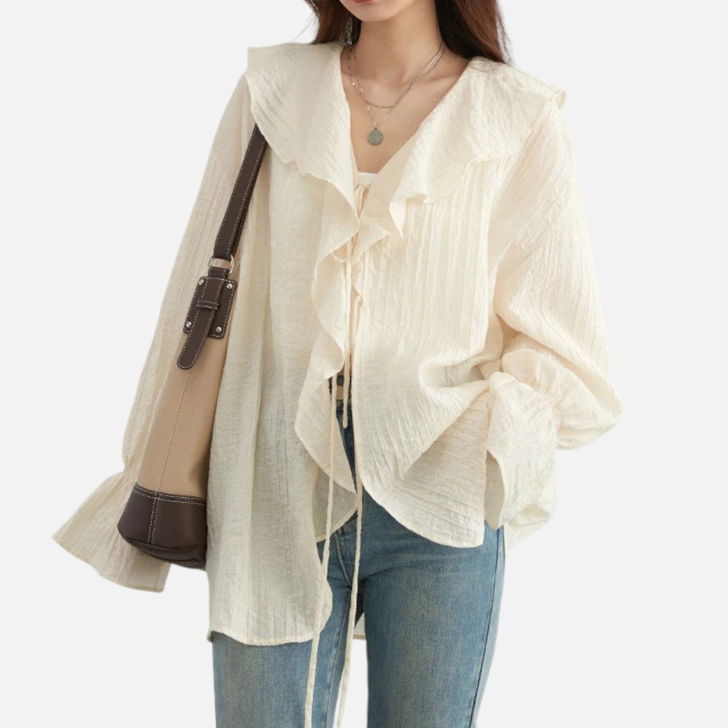 Velclairemode | Blouse Décontractée Femme à Volants Raffinés – Col V Lacé, Élégance Spontanée