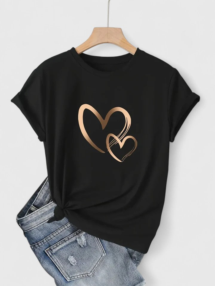 Short Sleeve T-shirt with Heart Print and Round Neck for Women Relaxed Fit